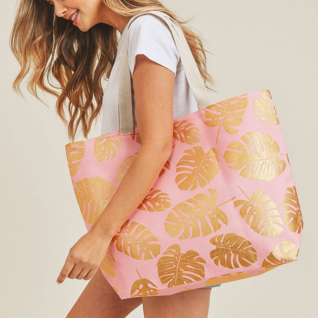 MB0085 Silver Tropical Leaf Foil Beach Bag