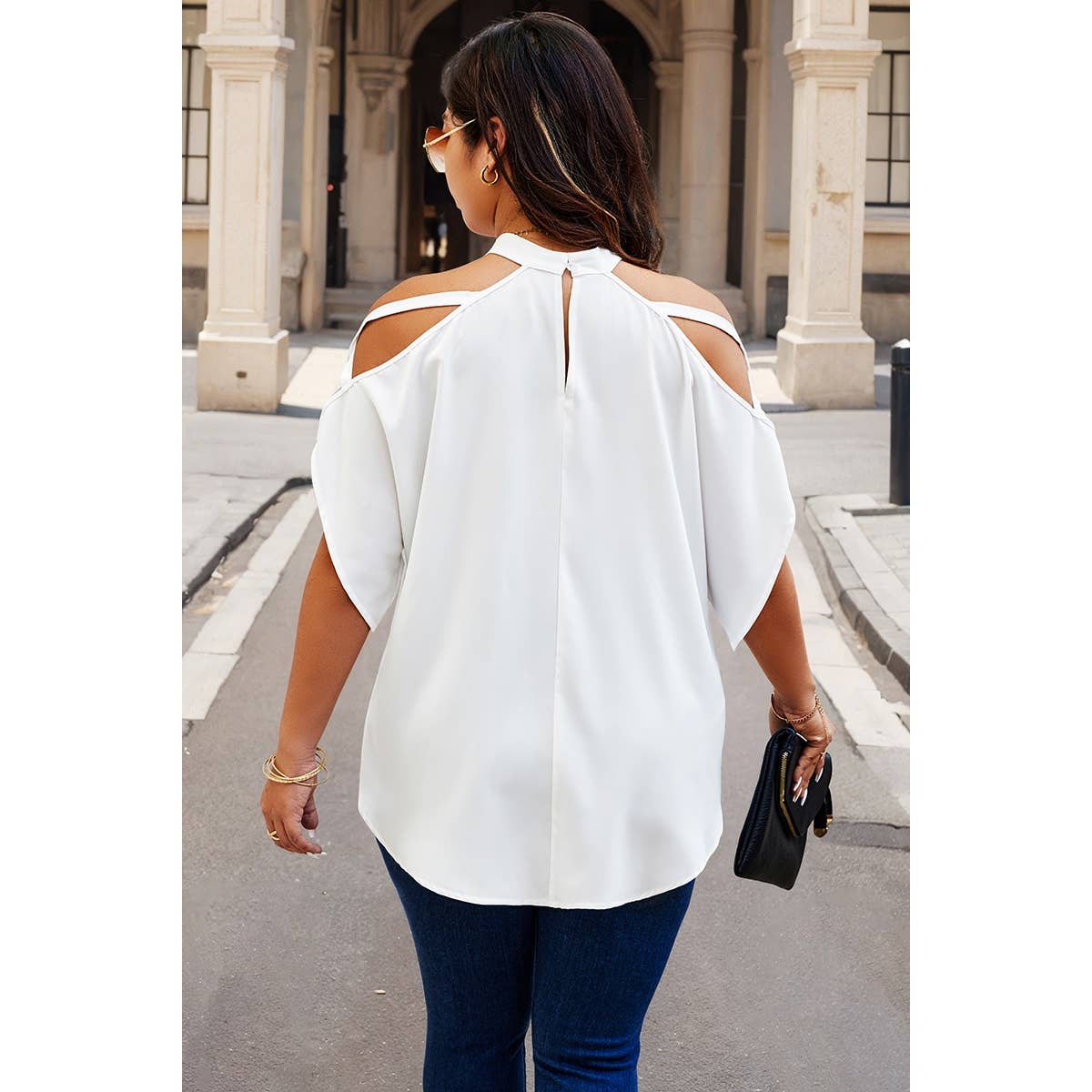 Plus Halter Open Shoulder Bat Sleeves Loose Top