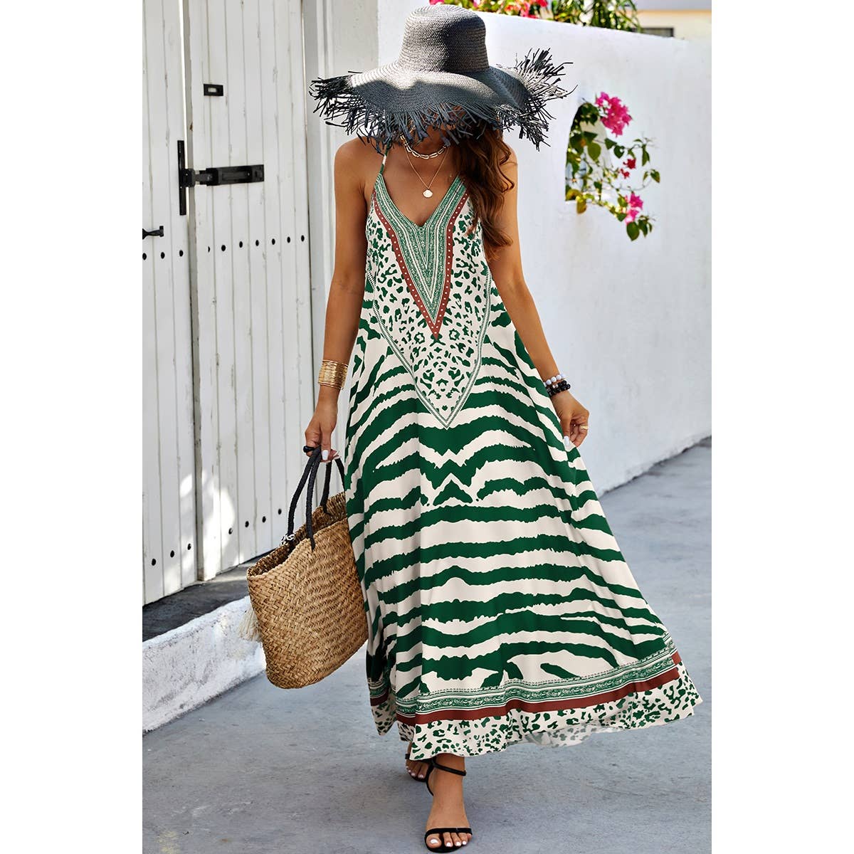 Animal Print Halter Deep V Ruffle Maxi Dress