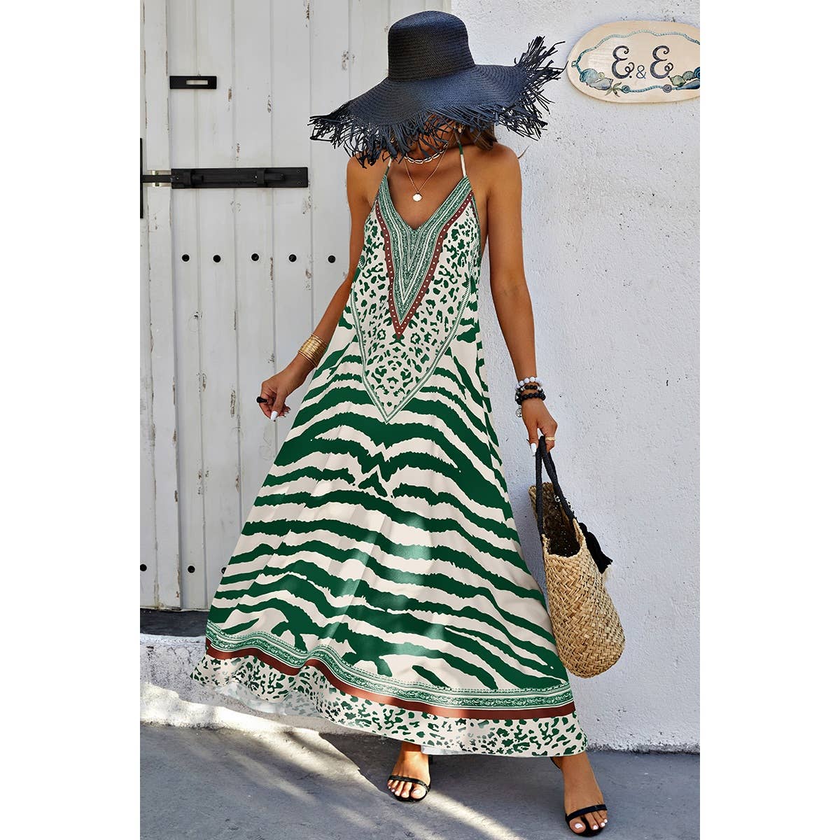 Animal Print Halter Deep V Ruffle Maxi Dress