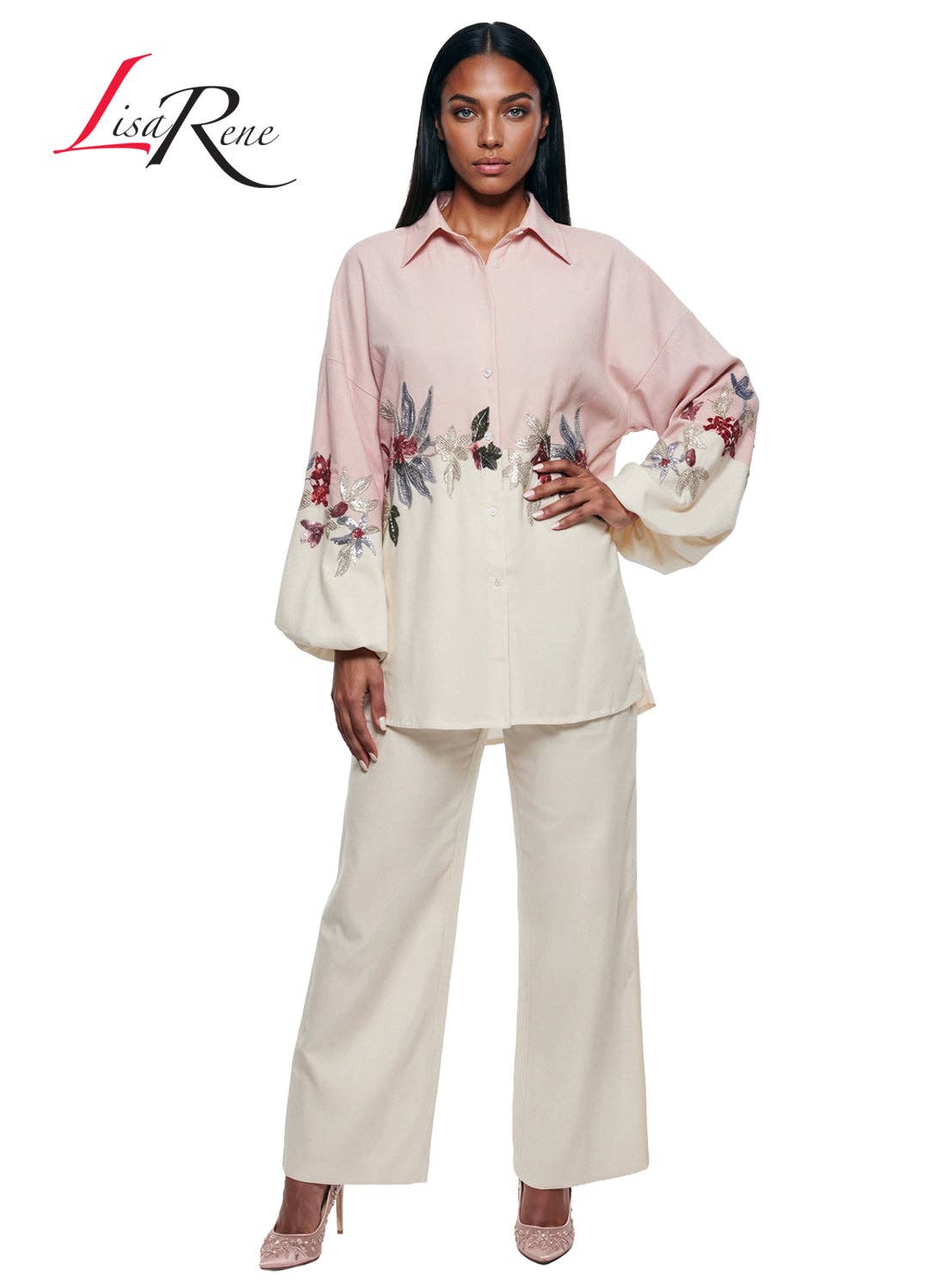 Style 3369, Lisa Rene' , 2Pc. Tunic & Pant Set, Linen/Viscose Fabric Trimmed with Sequin Embroidery.