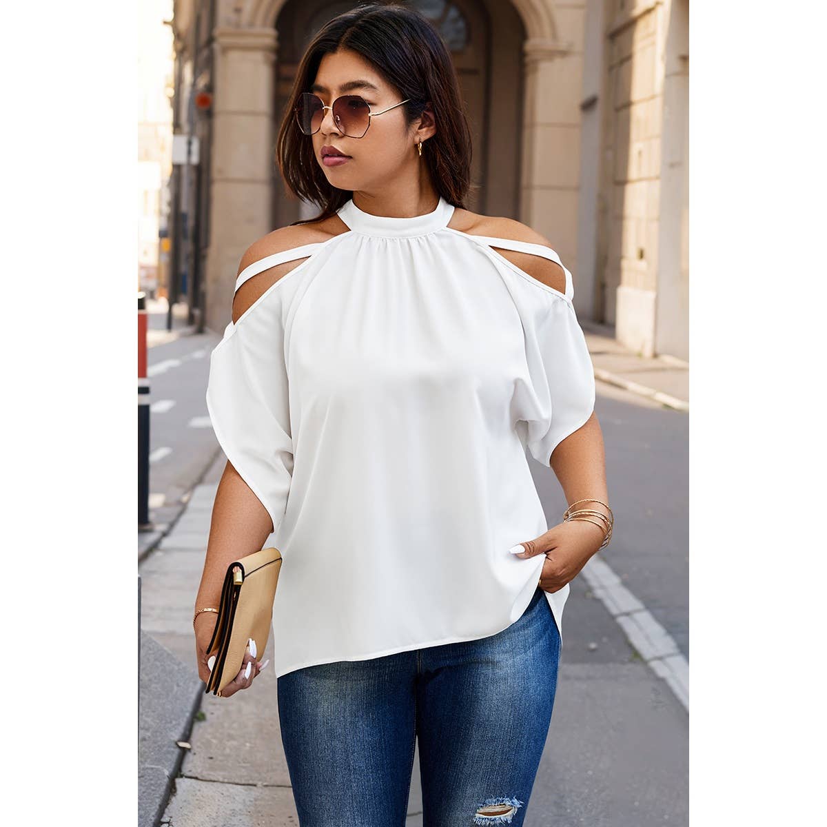 Plus Halter Open Shoulder Bat Sleeves Loose Top