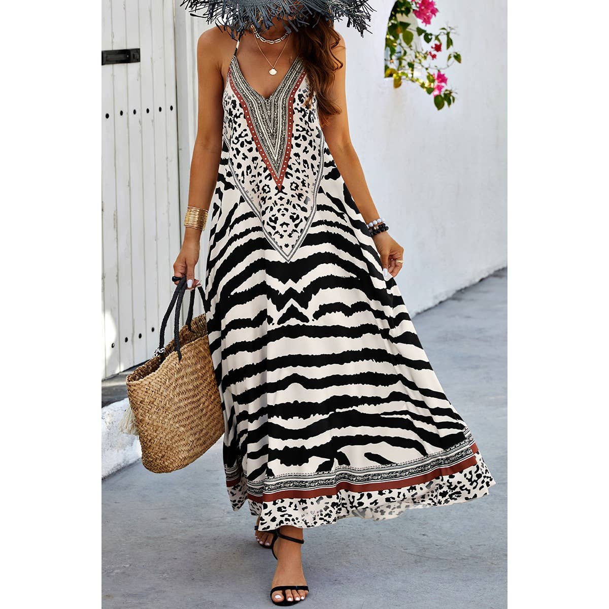 Animal Print Halter Deep V Ruffle Maxi Dress
