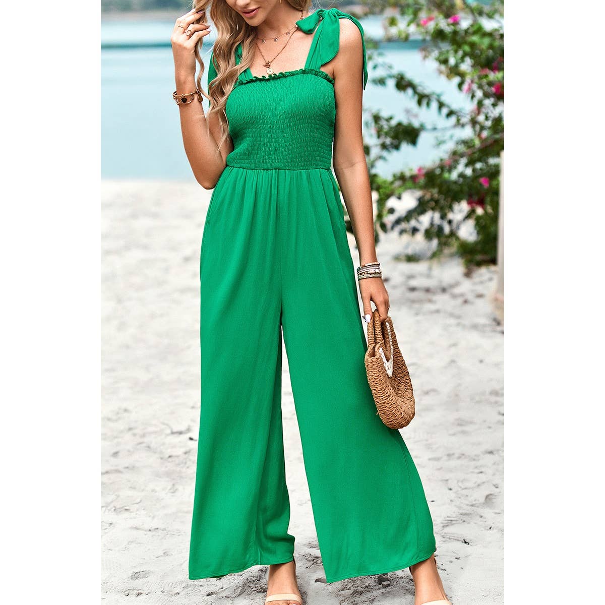 Knot Soild Ruched High Waist Pockets Lined Jumpsuit