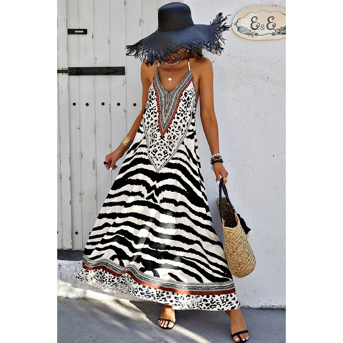Animal Print Halter Deep V Ruffle Maxi Dress