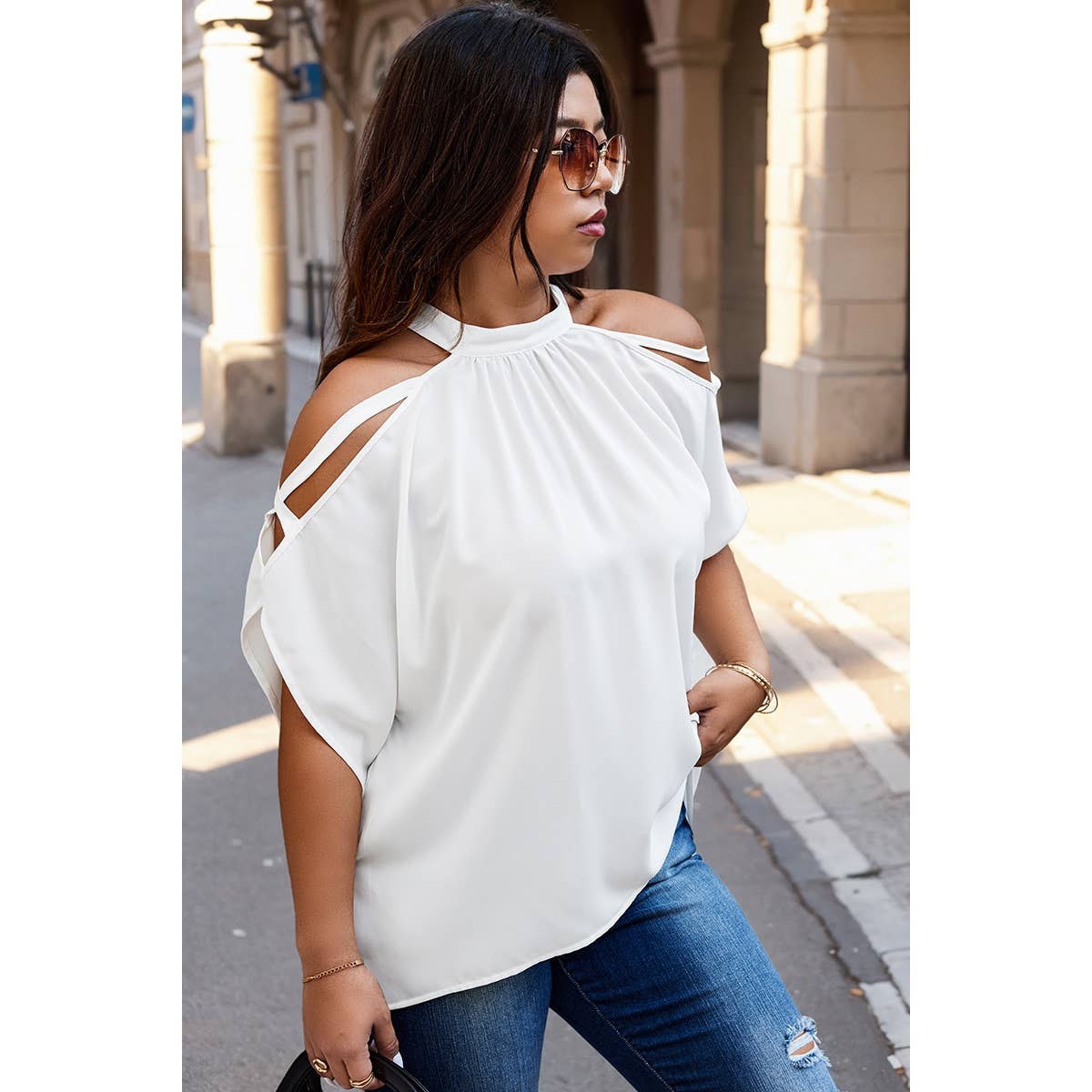 Plus Halter Open Shoulder Bat Sleeves Loose Top