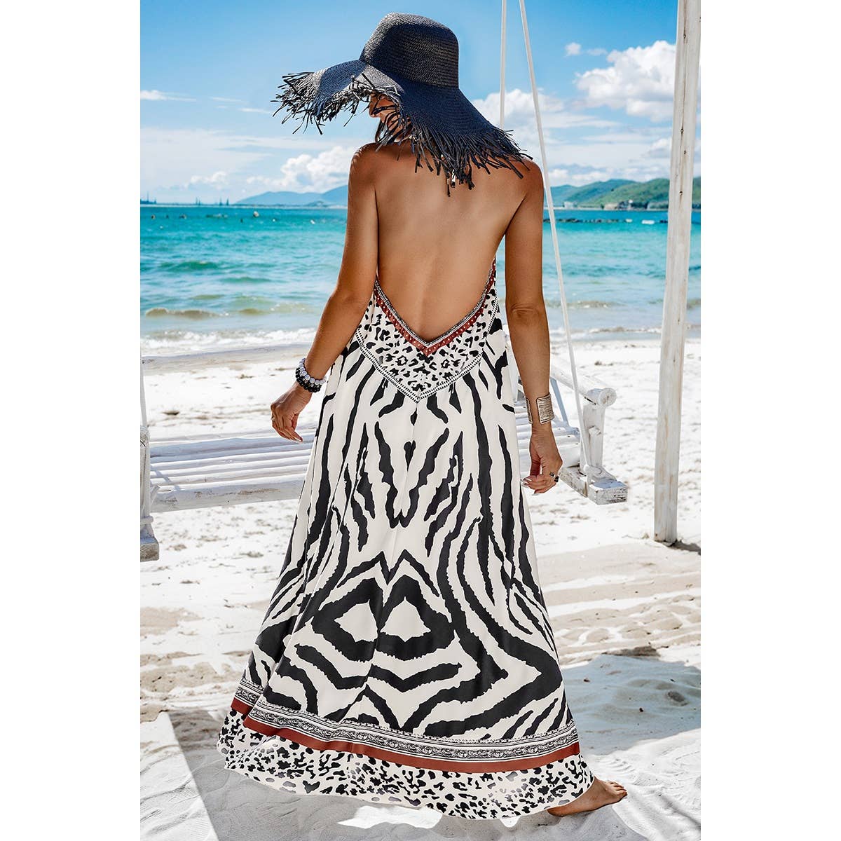 Animal Print Halter Deep V Ruffle Maxi Dress