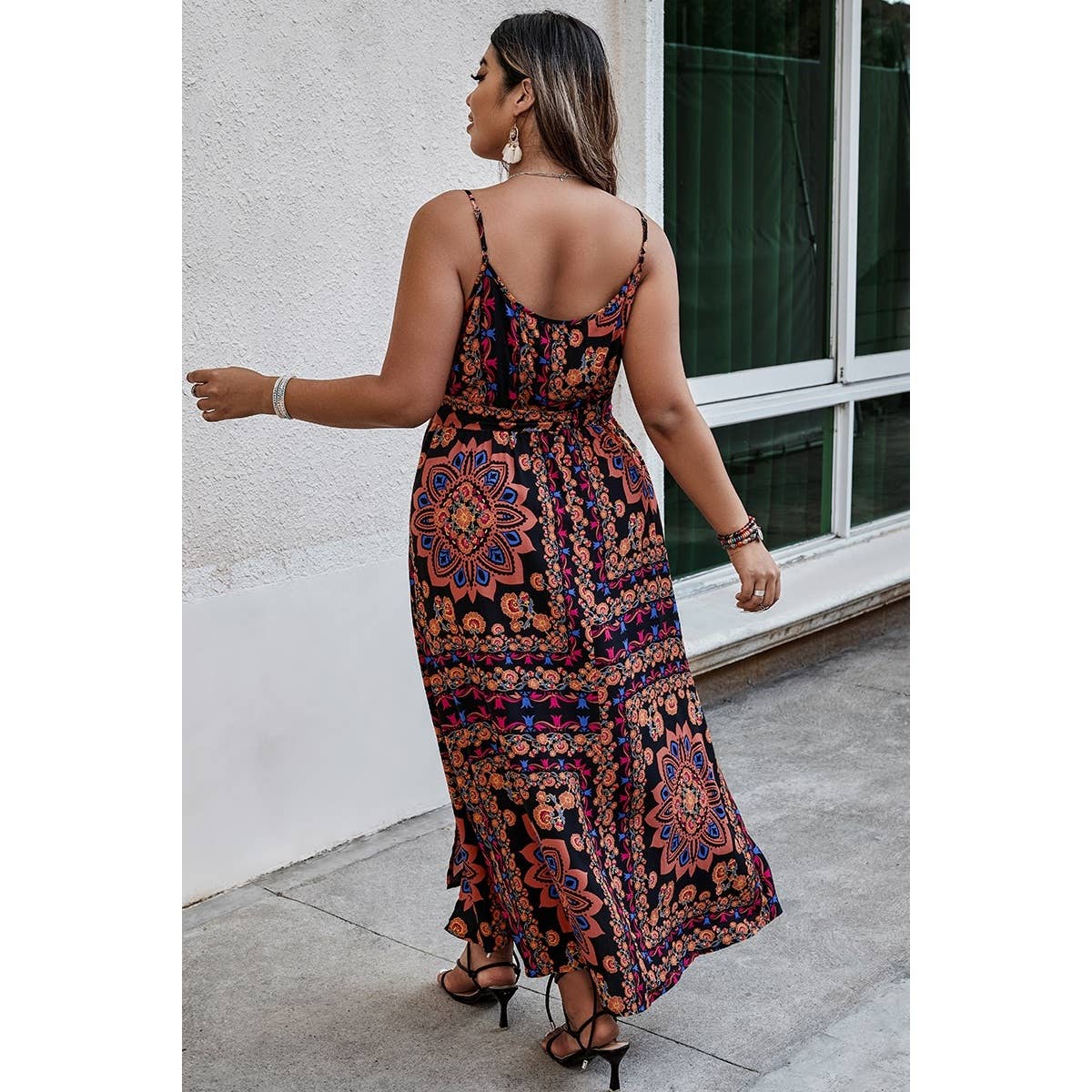 Plus Size Floral Belted Cami Boho Long Dress