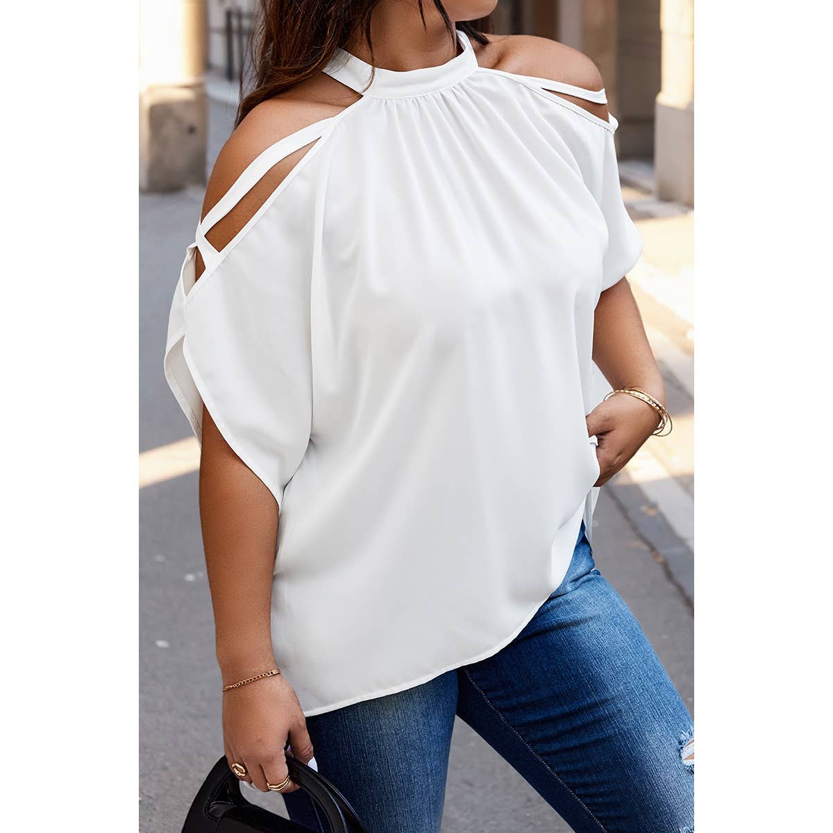 Plus Halter Open Shoulder Bat Sleeves Loose Top