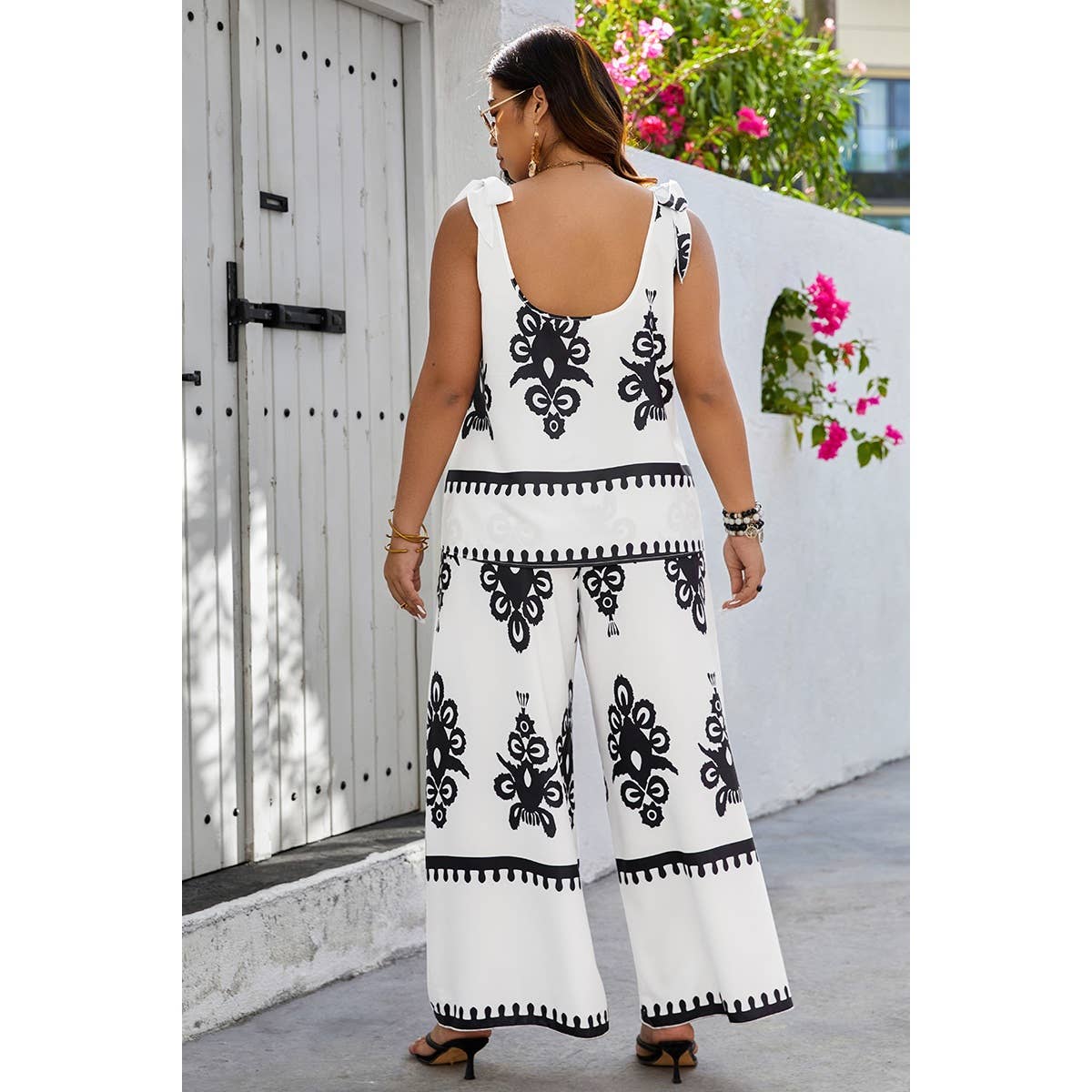 Plus Size Printed Knot Shoulder Wide Leg Sets