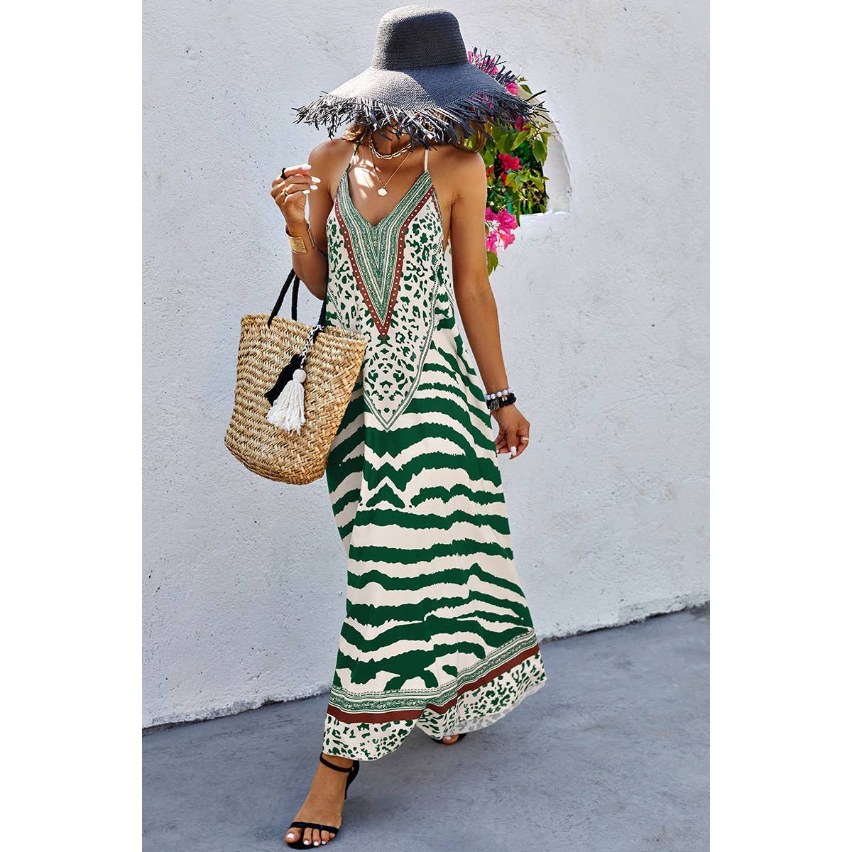 Animal Print Halter Deep V Ruffle Maxi Dress