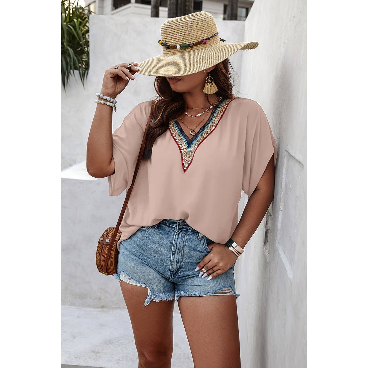 Plus Batwing Short Sleeve Lace V Neck Blouse