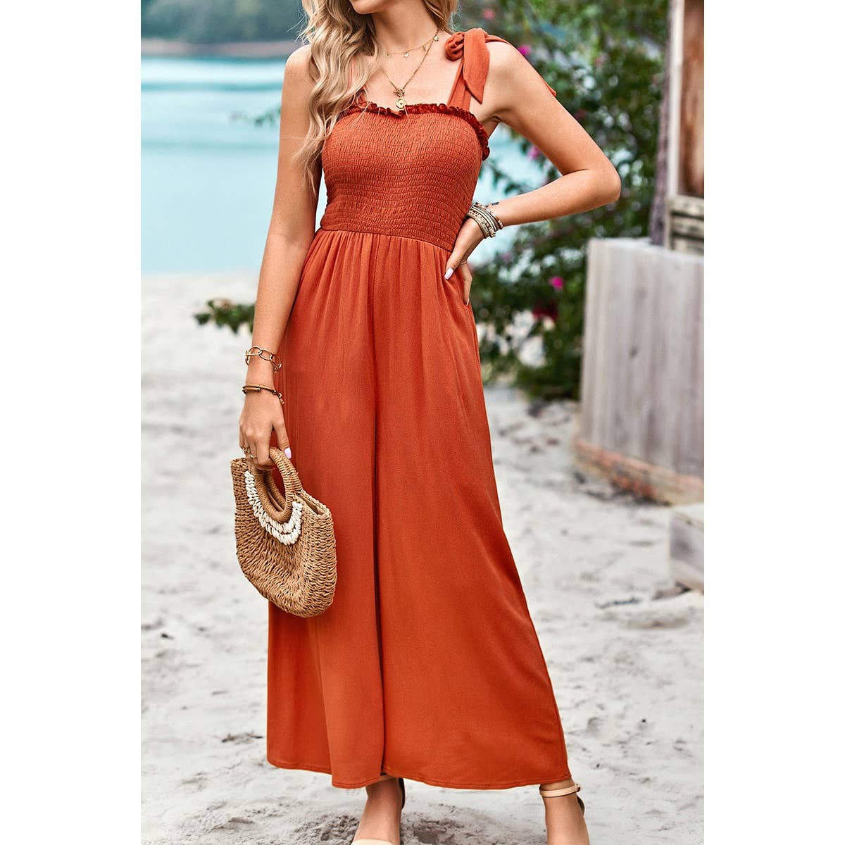 Knot Soild Ruched High Waist Pockets Lined Jumpsuit