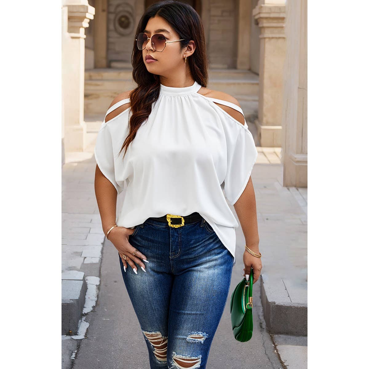 Plus Halter Open Shoulder Bat Sleeves Loose Top