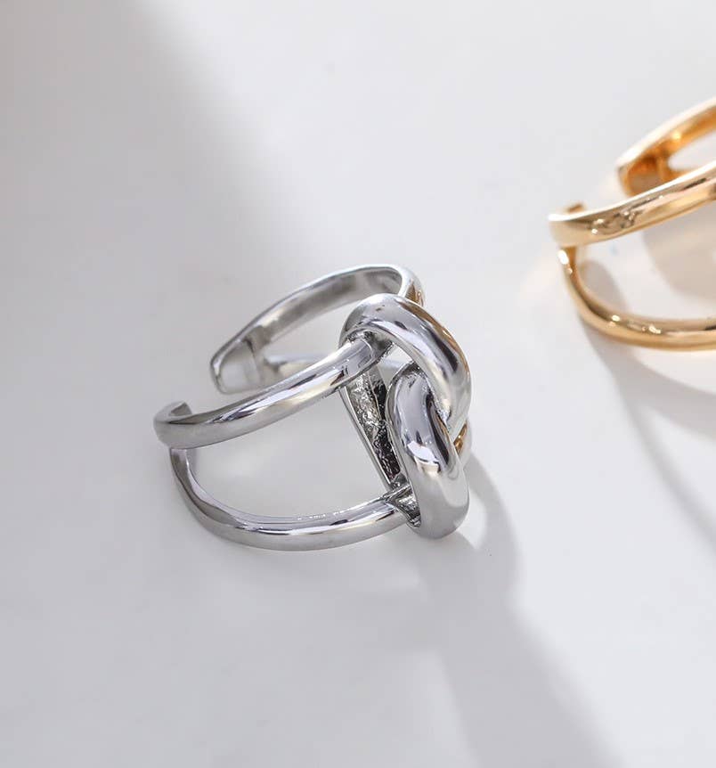 Silver Double Line Ring Linked By A Knot