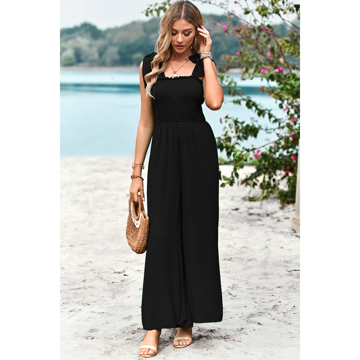 Knot Soild Ruched High Waist Pockets Lined Jumpsuit