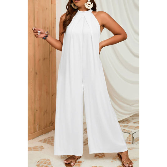 Plus Solid Sleeveless Halter Wide Leg Jumpsuit