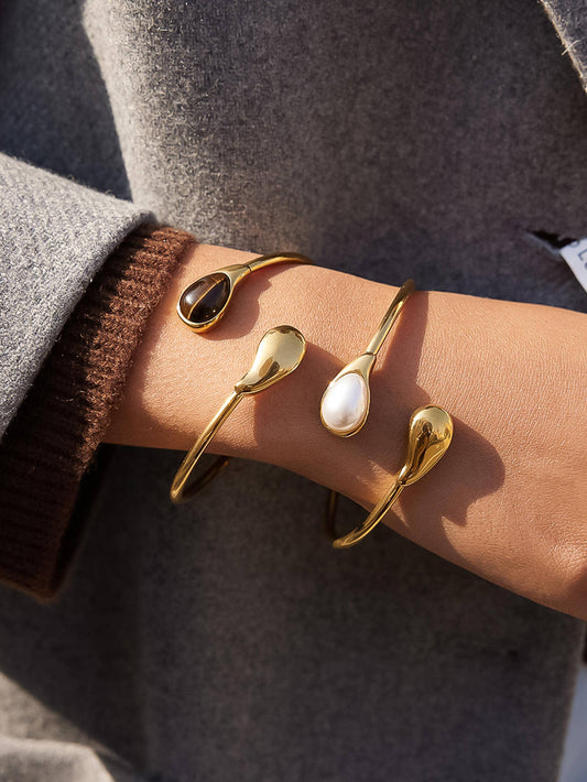 Harbor 18K Gold Non-Tarnish Open Cuff Stone Bracelet
