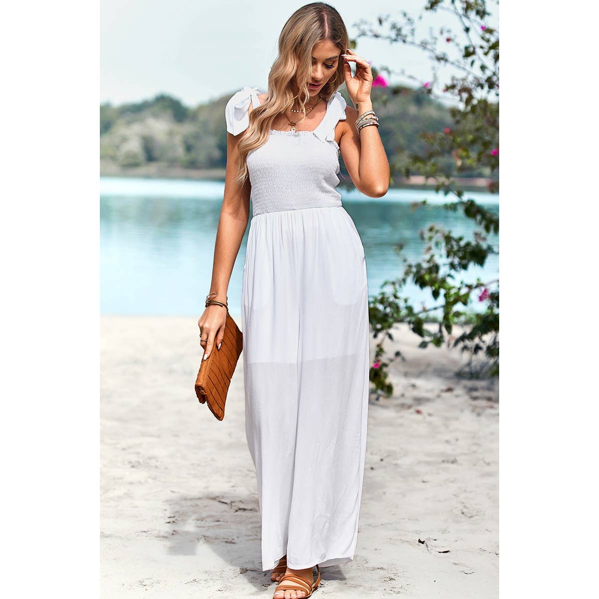 Knot Soild Ruched High Waist Pockets Lined Jumpsuit