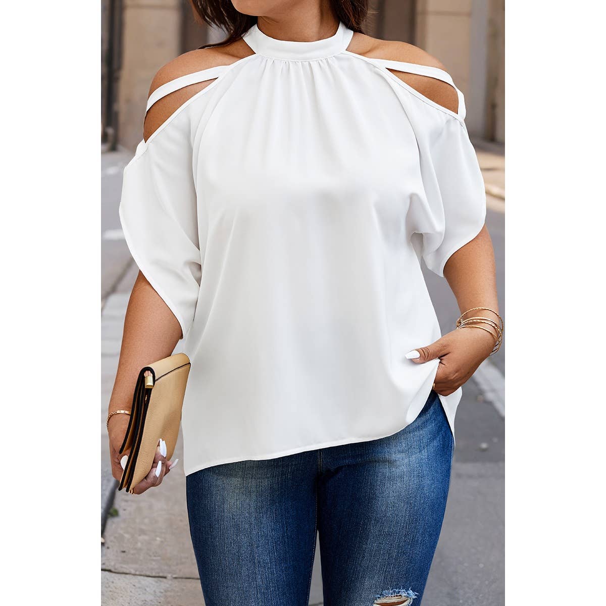Plus Halter Open Shoulder Bat Sleeves Loose Top