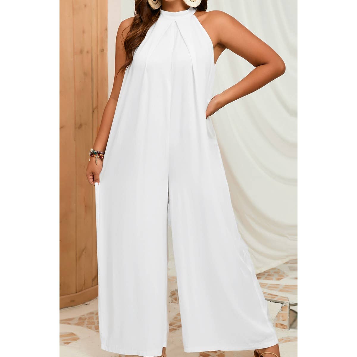 Plus Solid Sleeveless Halter Wide Leg Jumpsuit