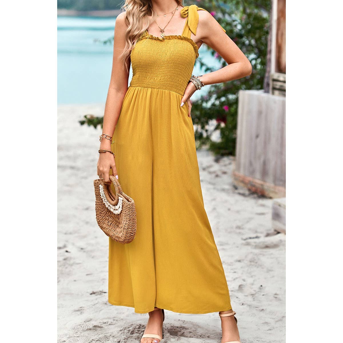 Knot Soild Ruched High Waist Pockets Lined Jumpsuit