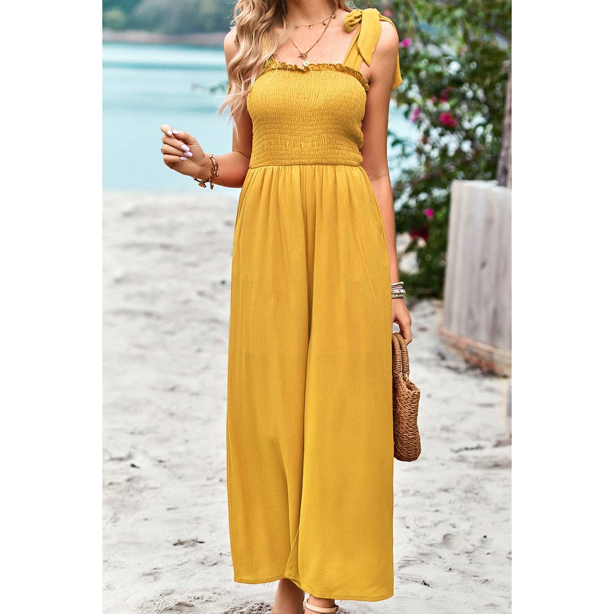 Knot Soild Ruched High Waist Pockets Lined Jumpsuit