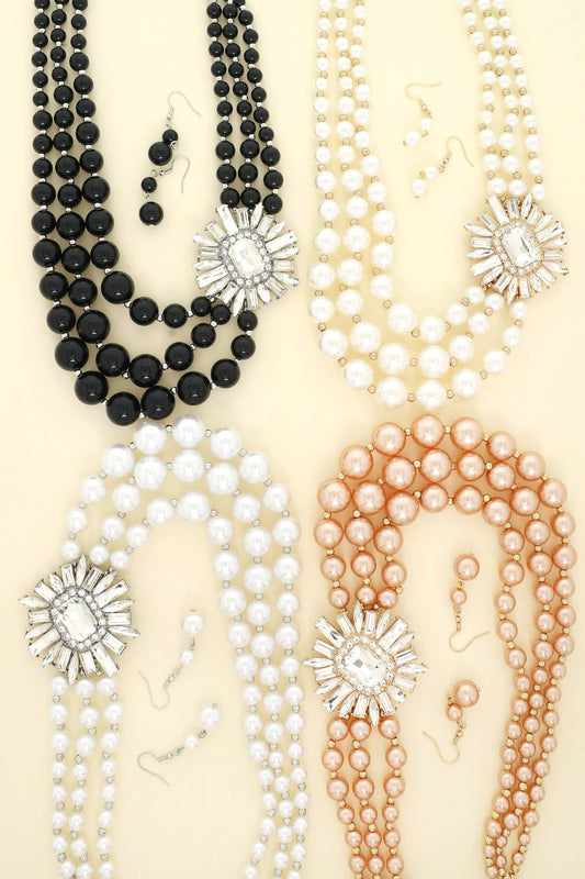 3 Line Gemstone Floral Brooch Pearl Pearl Necklace Set