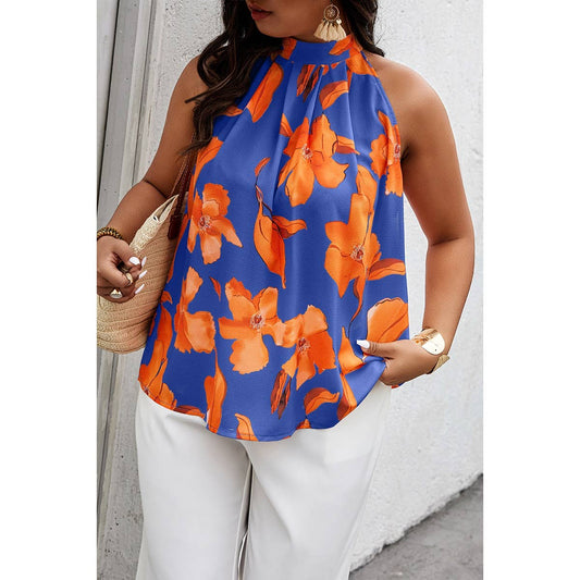 Plus Gingko Leaf Print Short Sleeve Halter Shirt
