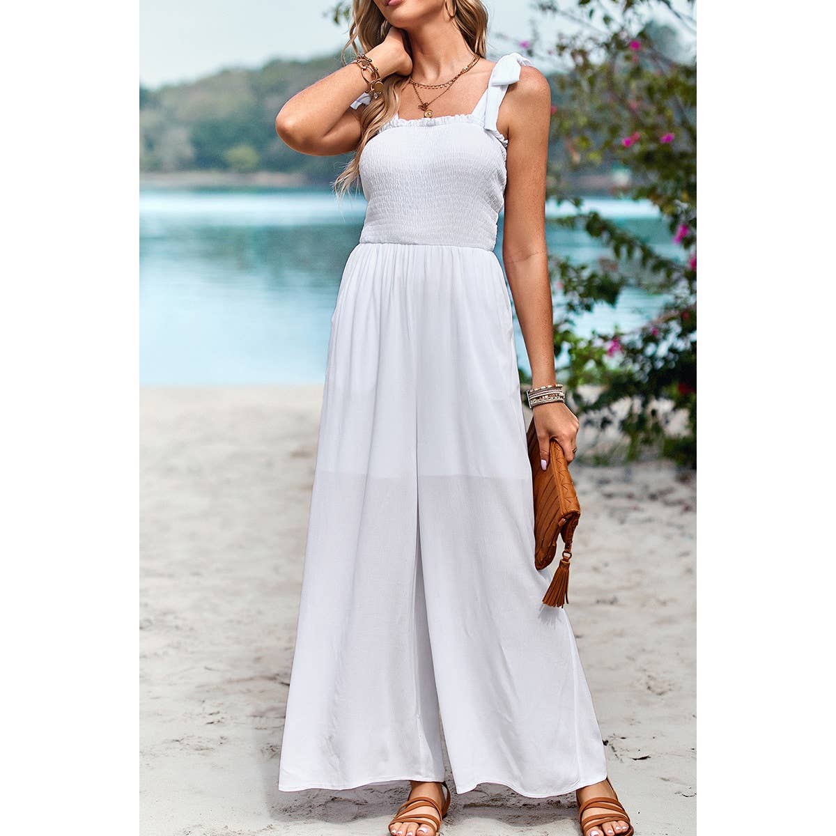 Knot Soild Ruched High Waist Pockets Lined Jumpsuit