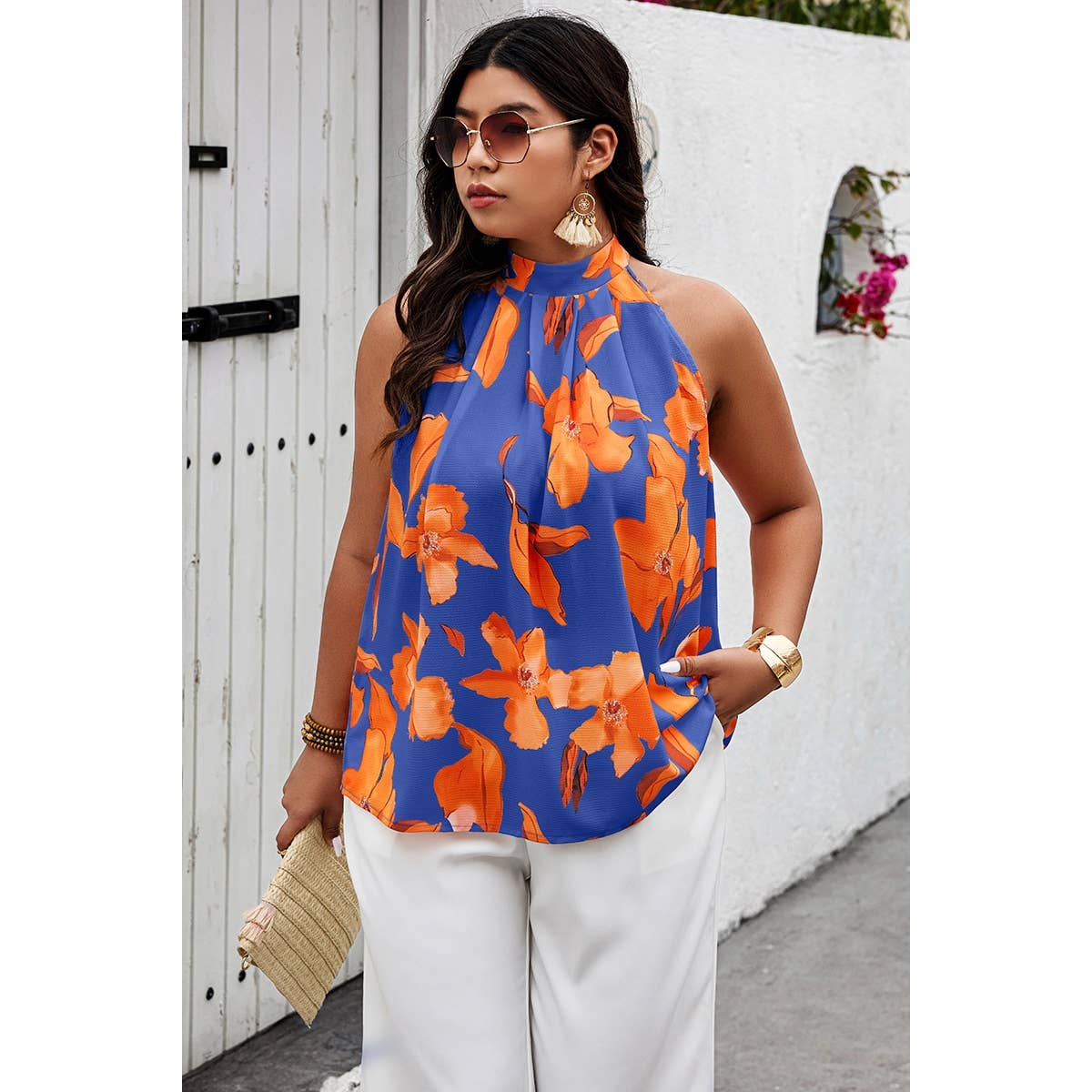 Plus Gingko Leaf Print Short Sleeve Halter Shirt