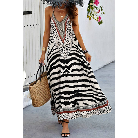 Animal Print Halter Deep V Ruffle Maxi Dress