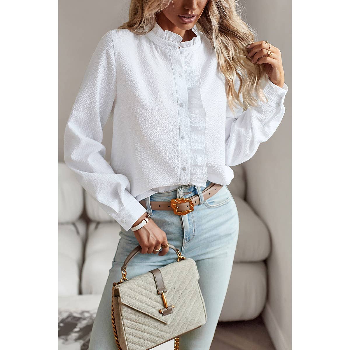 Frenchy Striped Print Ruffle Trim Button Front Shirt