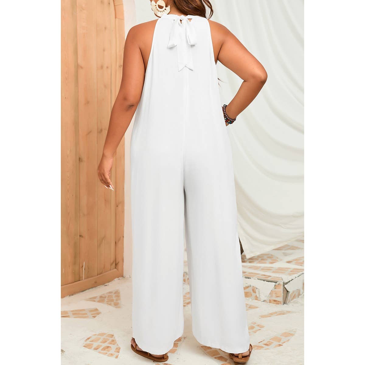 Plus Solid Sleeveless Halter Wide Leg Jumpsuit