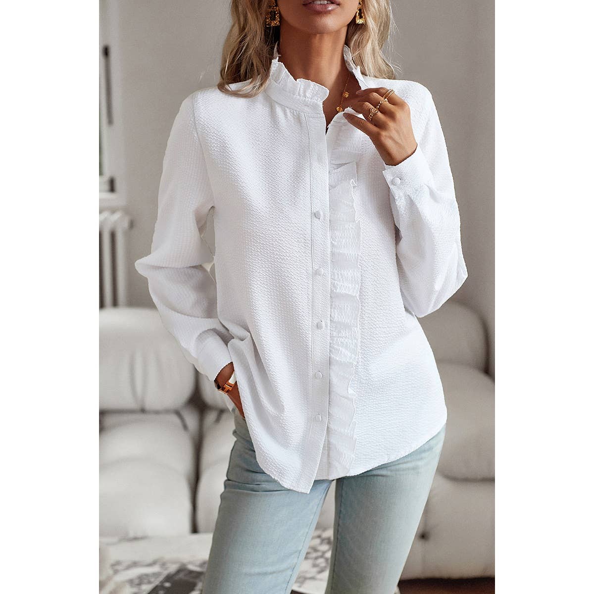 Frenchy Striped Print Ruffle Trim Button Front Shirt