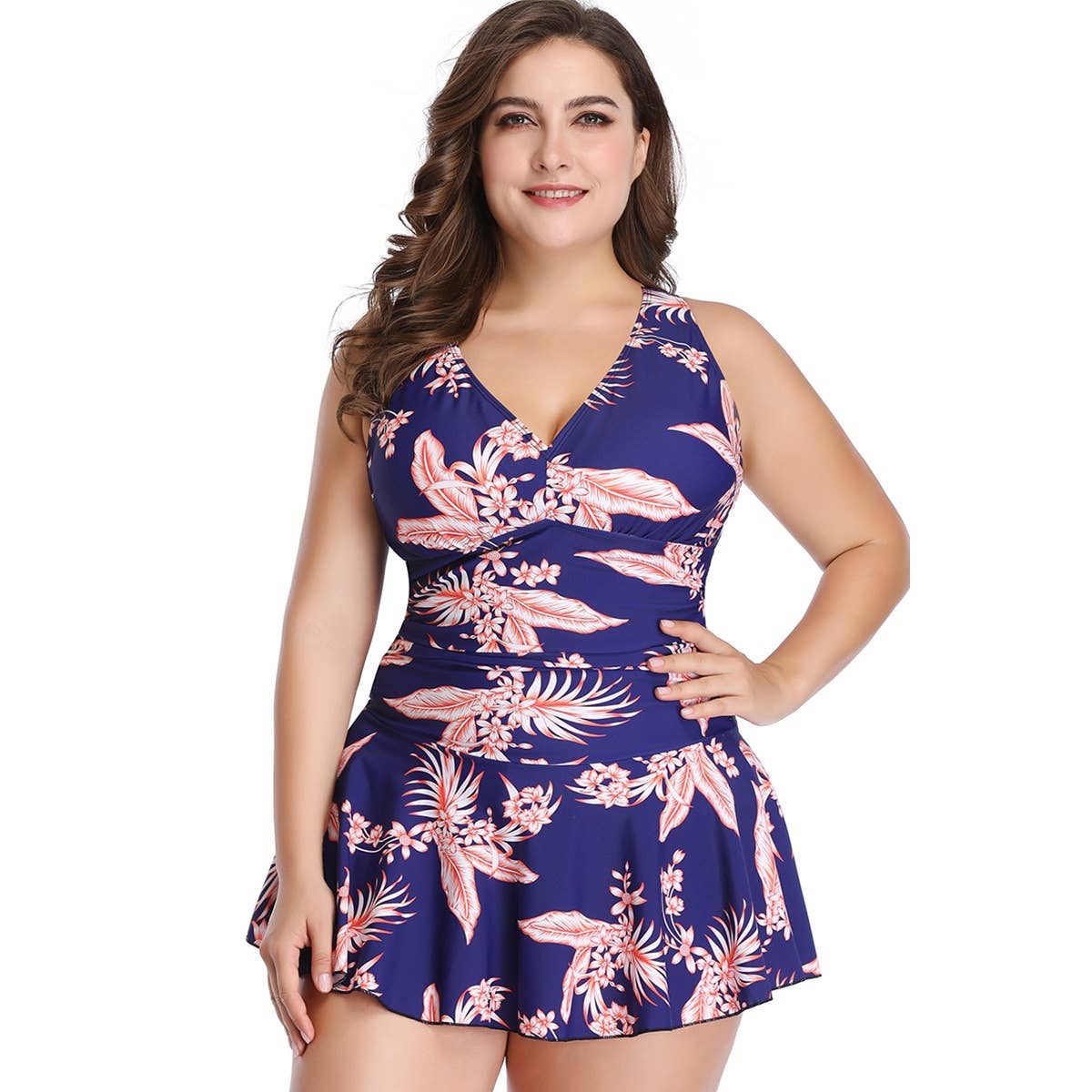 Plus Size Solid Ruffle V Neck Fit Swimsuits