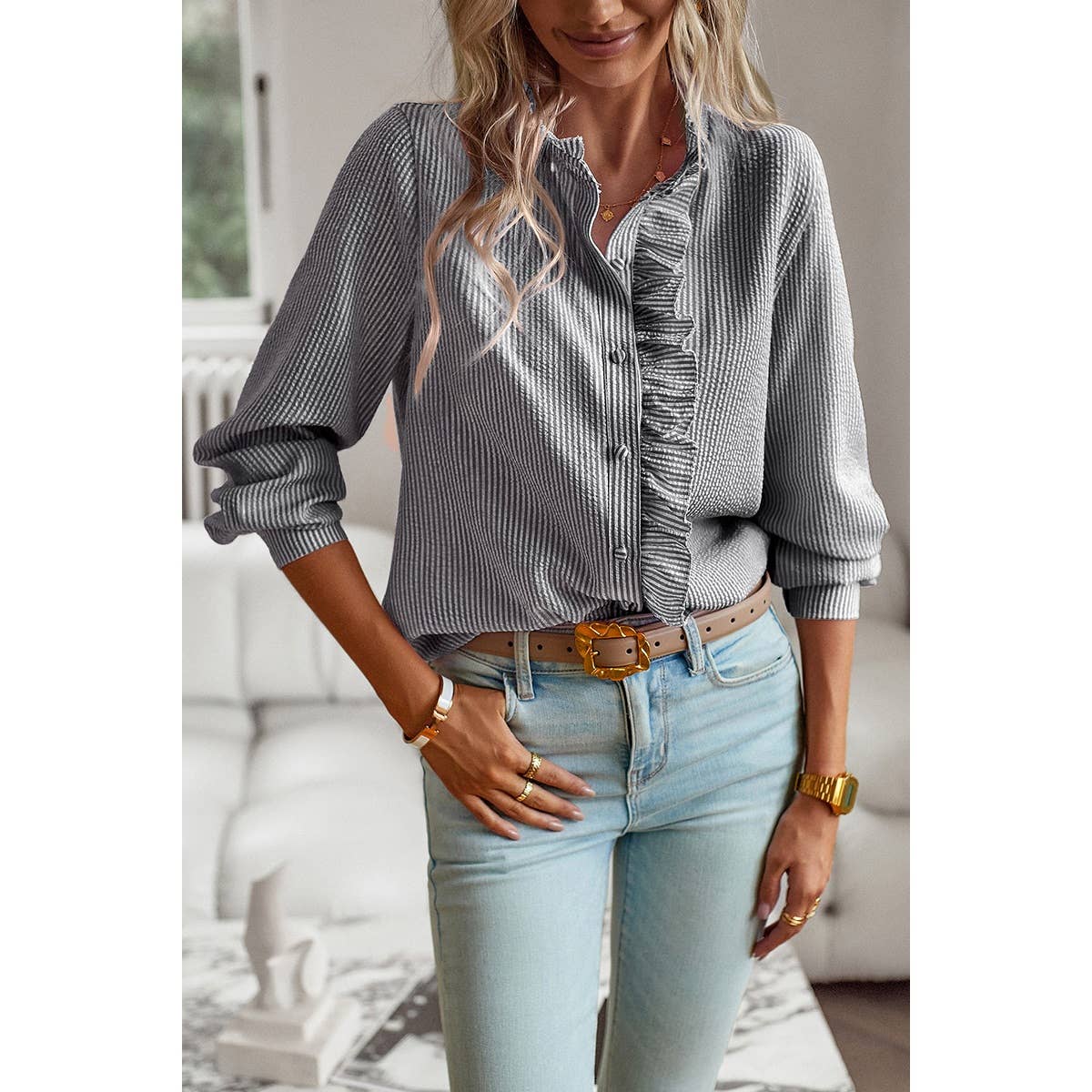 Frenchy Striped Print Ruffle Trim Button Front Shirt