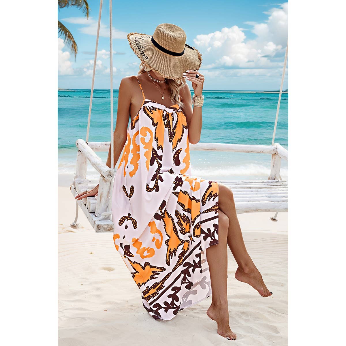 Cross Back Sleeveless Printed Tank Loose Dress