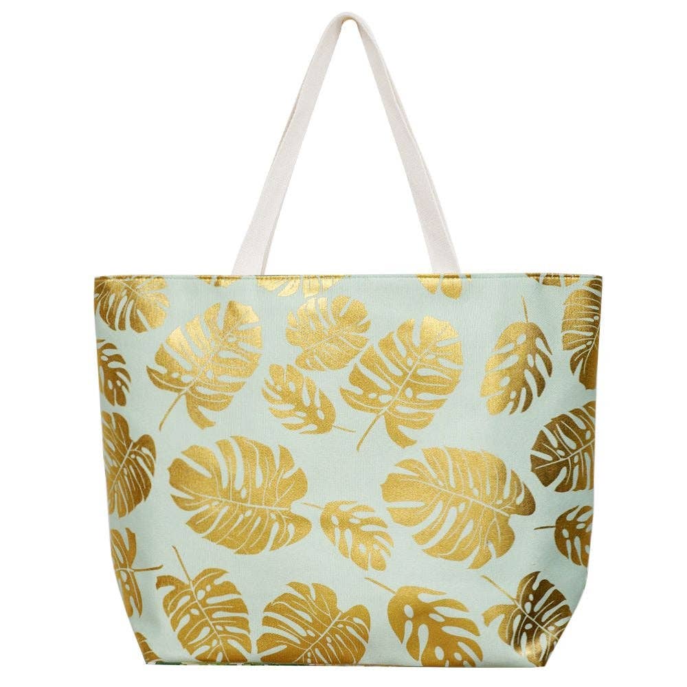 MB0085 Silver Tropical Leaf Foil Beach Bag