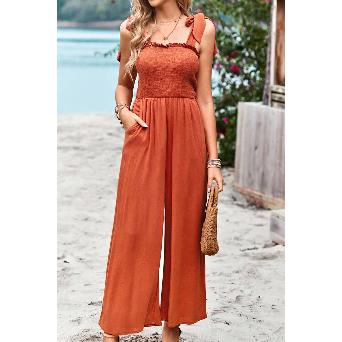 Knot Soild Ruched High Waist Pockets Lined Jumpsuit
