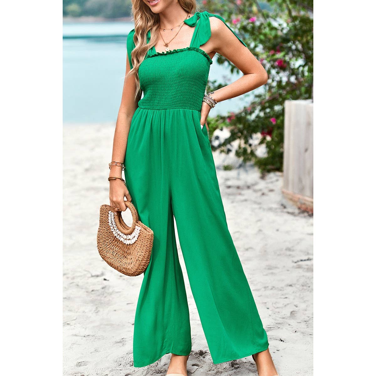 Knot Soild Ruched High Waist Pockets Lined Jumpsuit