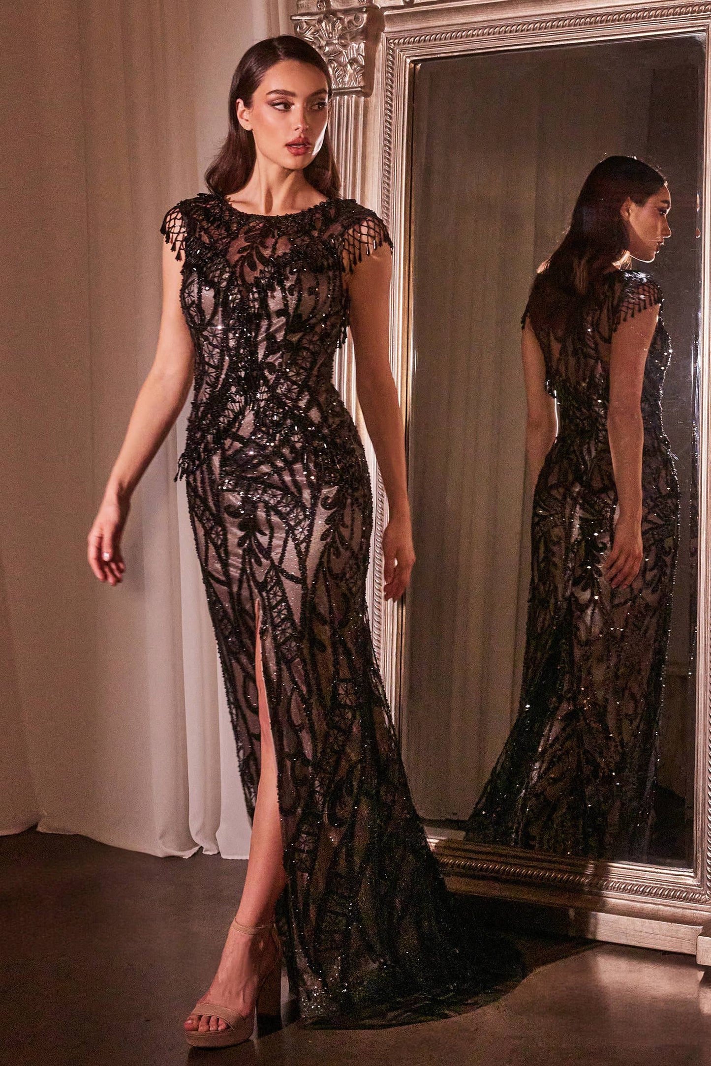 BLACK-NUDE SHEATH SEQUIN GOWN