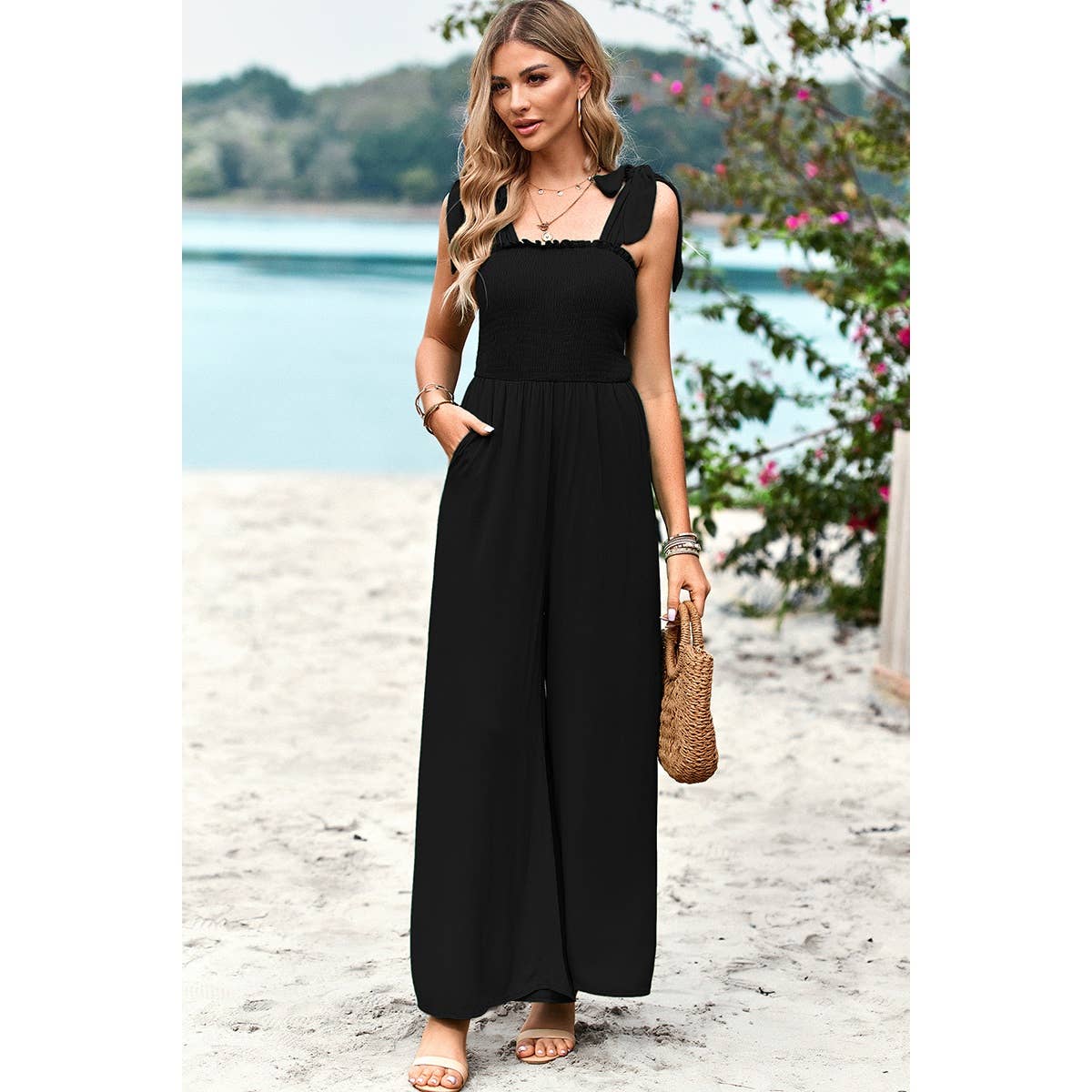 Knot Soild Ruched High Waist Pockets Lined Jumpsuit