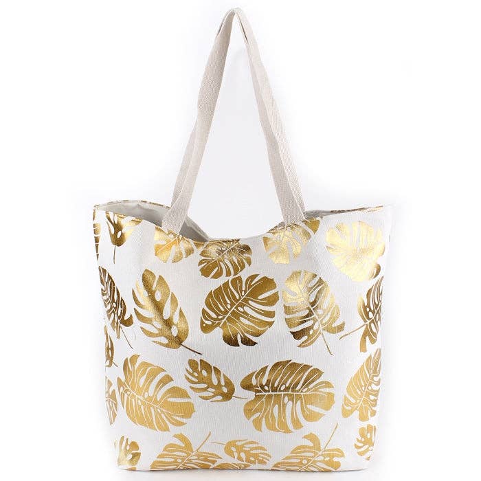 MB0085 Silver Tropical Leaf Foil Beach Bag