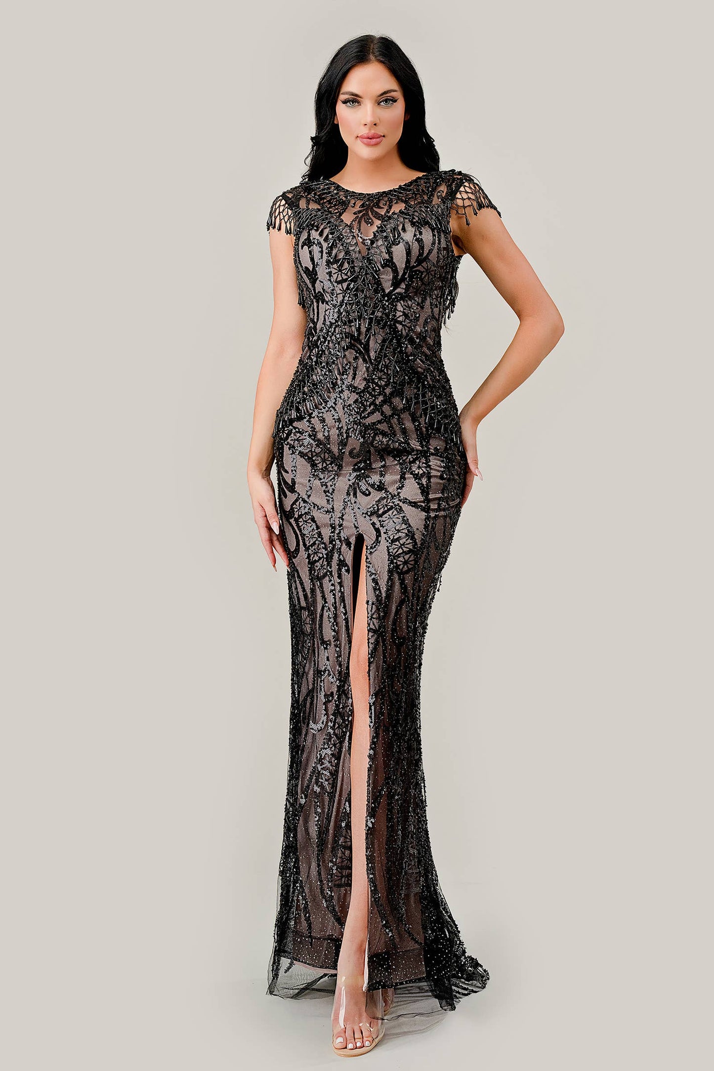 BLACK-NUDE SHEATH SEQUIN GOWN