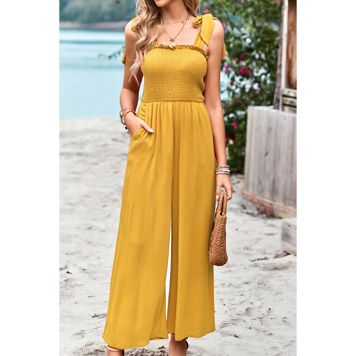 Knot Soild Ruched High Waist Pockets Lined Jumpsuit