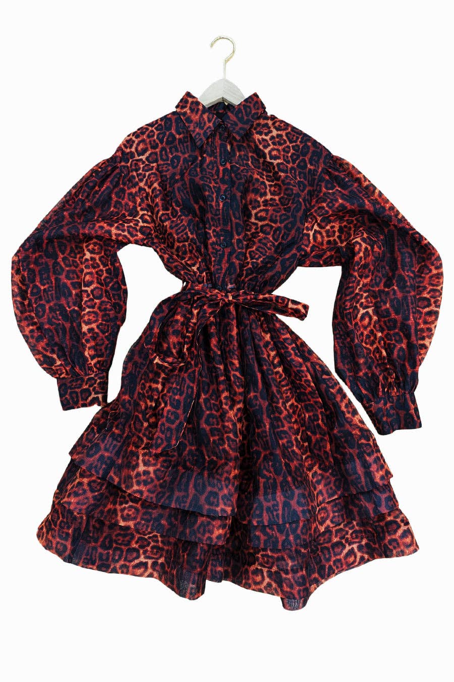 X7661 LEPORD PRINT LAYED BELL SHAPED MINI DRESS (RED, BROWN)