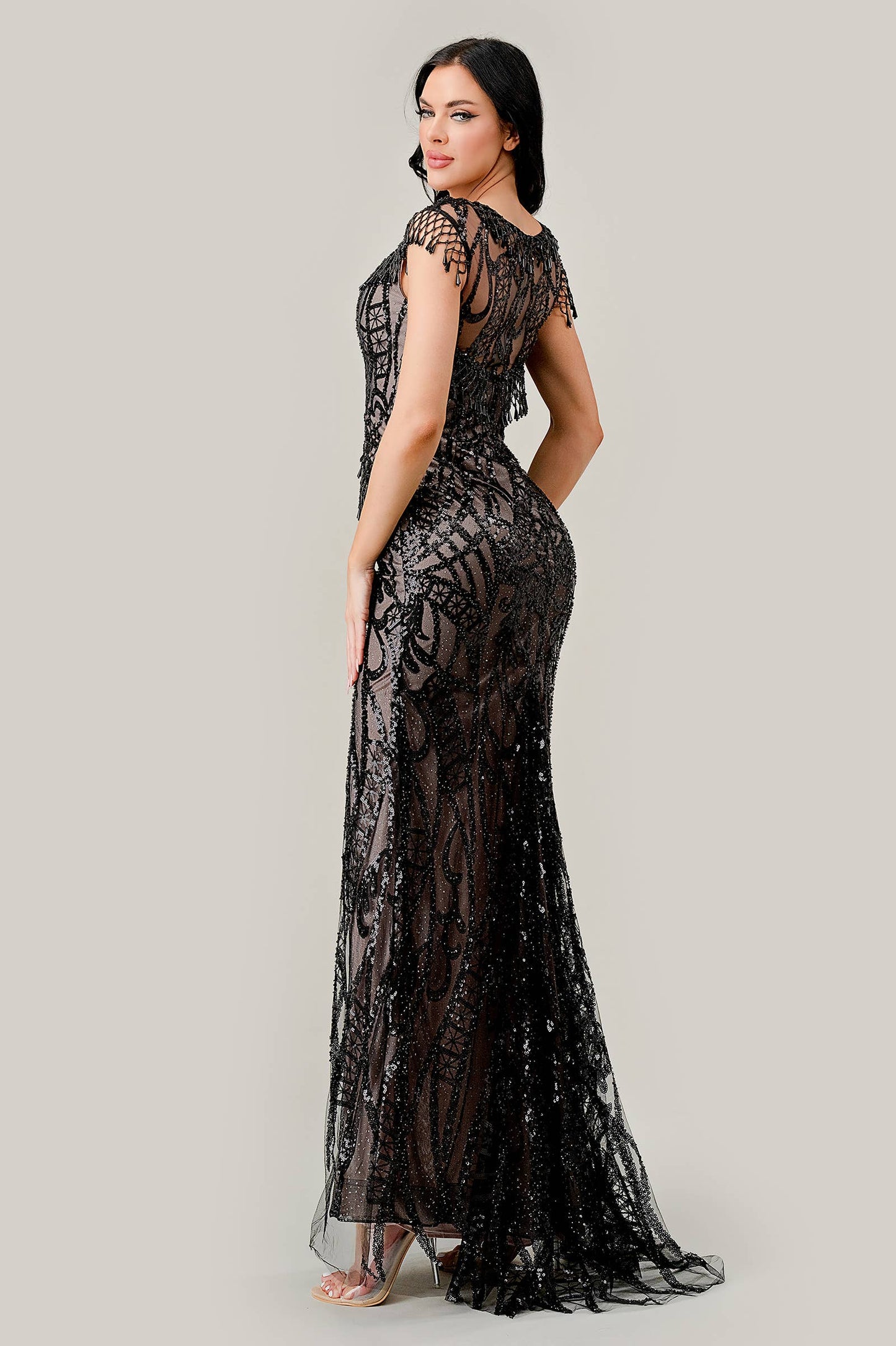 BLACK-NUDE SHEATH SEQUIN GOWN