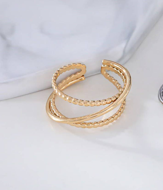 Gold double line ring in braid and cross line