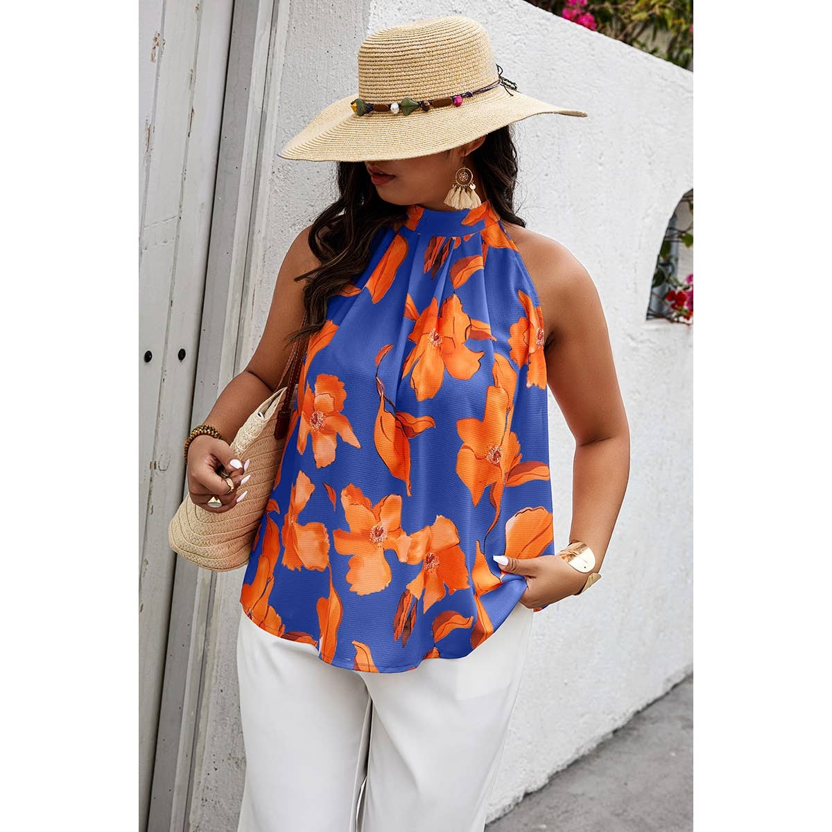 Plus Gingko Leaf Print Short Sleeve Halter Shirt